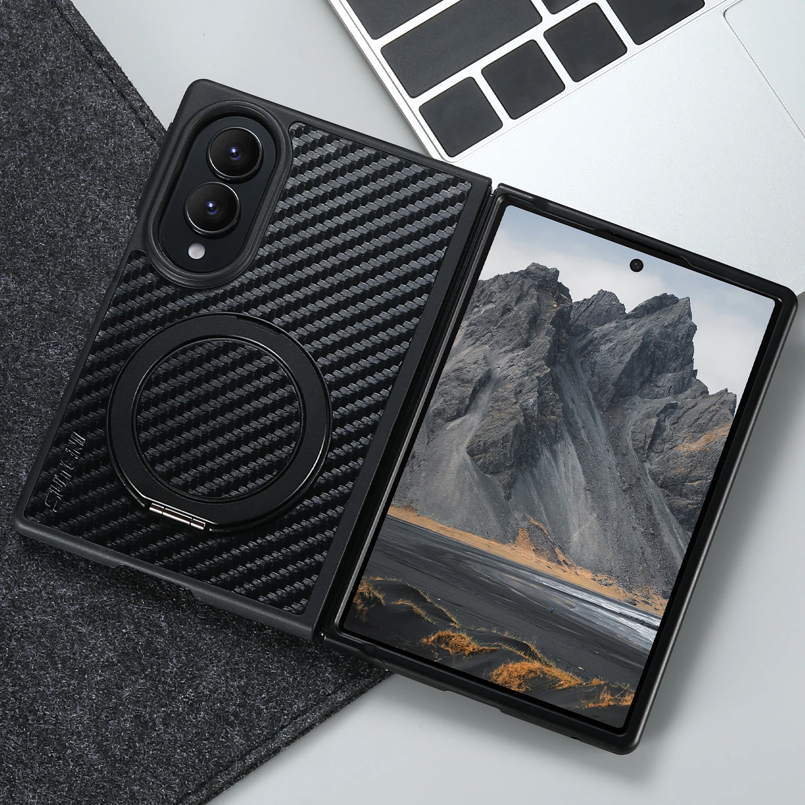 SUTENI Mobile Phone Case Magnet Wireless Charging 360° Rotating Stand Faux Leather Ring Buckle For Samsung Galaxy Z Fold 8 view 2