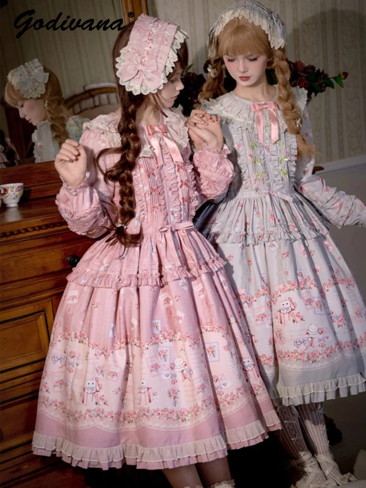 

2026 New Spring Sweet Girl Women's Long Sleeve Floral Elegant OP Dress Lolita Pastoral Style Calf-length Dresses
