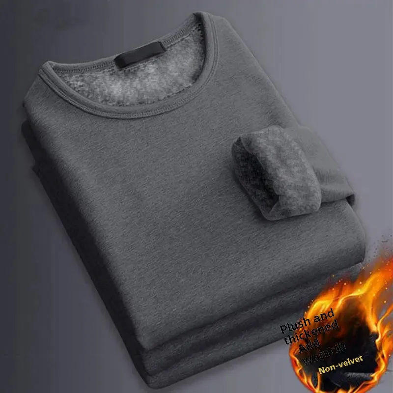 New Style Men's Fleece-lined Long Sleeve T-shirt Bras Autumn Winter Thickened Warm Inner Top Loose-fit Couple Clothing