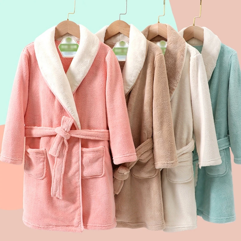 Children Bath Robes Flannel Winter Kids Sleepwear Robe Unisex Solid Cozy Warm Pyjama Robes Nightgown Chic Casual Homewear 4-12Y