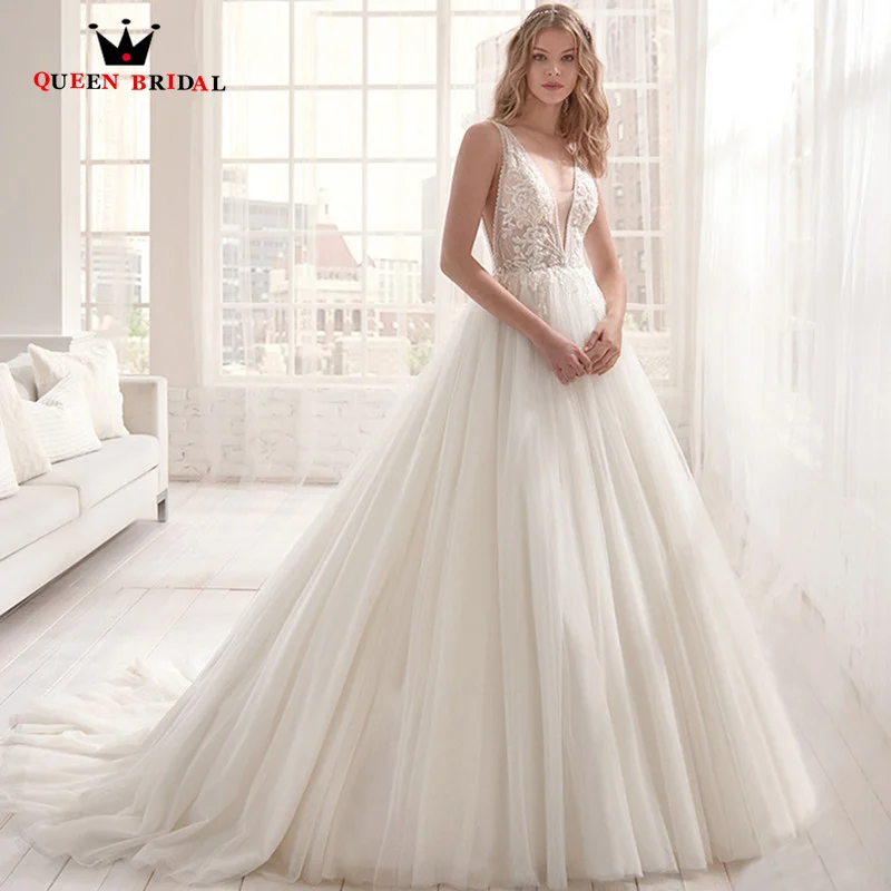 Luxury Wedding Dress Elegant A-LINE V-neck Lace Appliques Wedding Gowns Button Back White Vestido De Noiva Custom Made TH11M