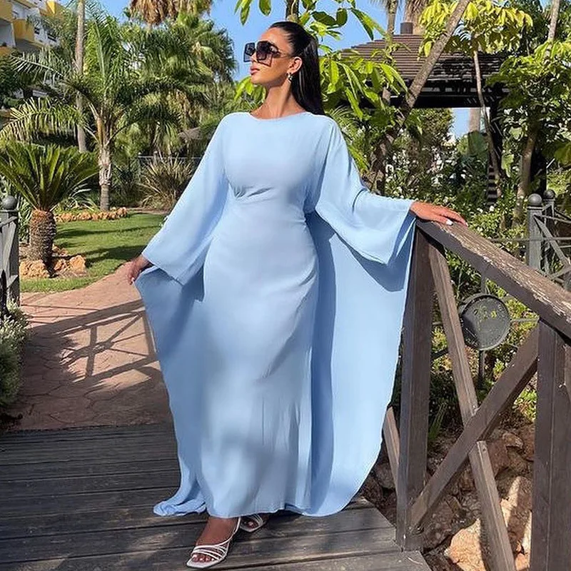 

Muslim Women's Dress Türkiye Dubai Bat Sleeve Slim Tie Solid Robe Dress Long Dress Robe Abaya Ramadan Dubai Luxury Islam Elegant
