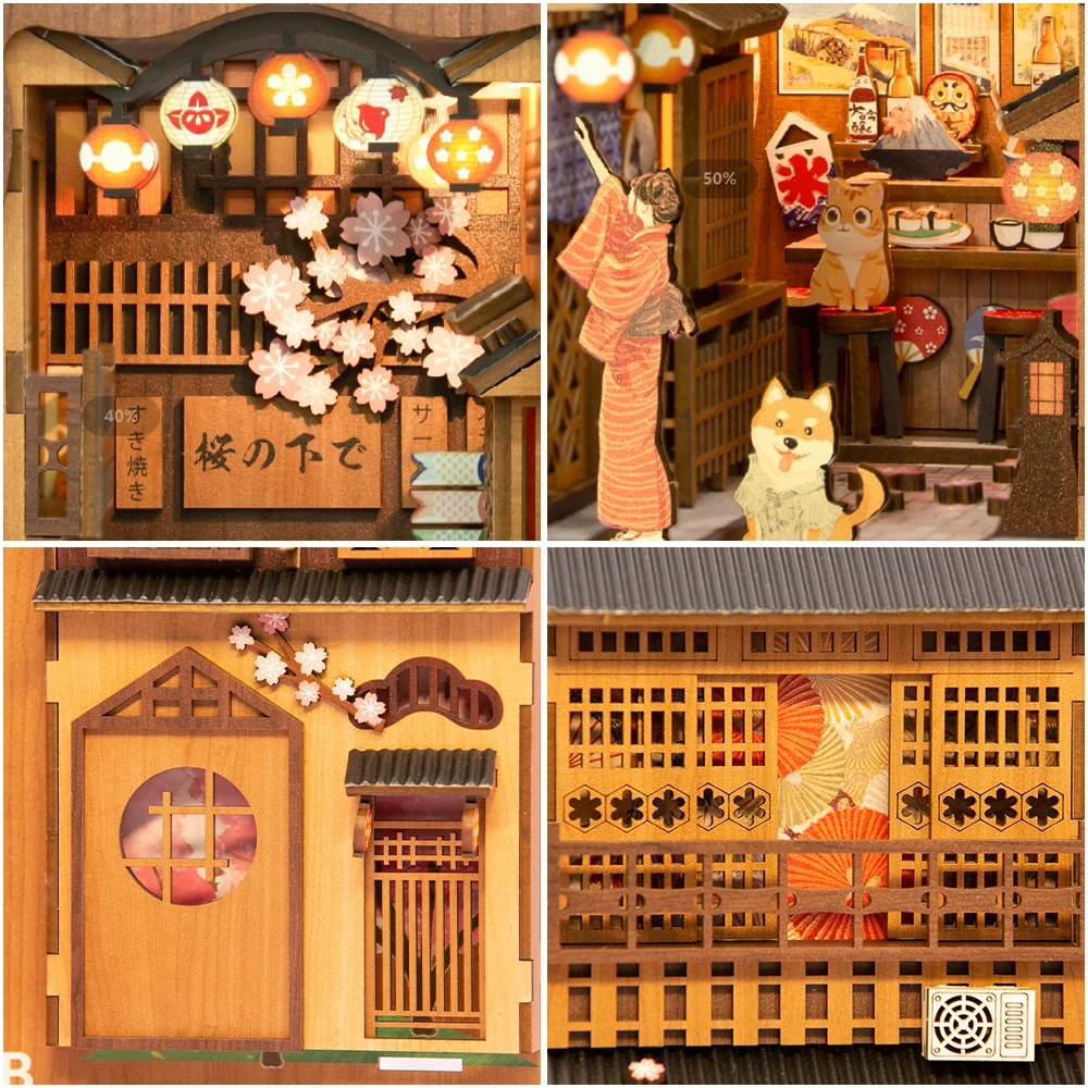​Cutebee DIY Book Nook Sakura Miniature Dollhouse Bookshelf Insert Japanese Wooden Bookend 3D Lighting Building for Kid Gifts