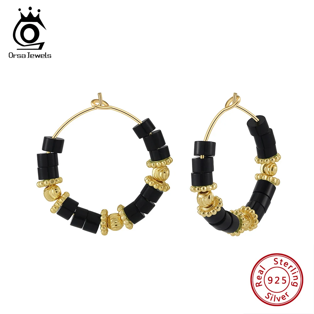 ORSA JEWELS Fashion 925 Sterling Silver Hoop Earrings Natural Stone Obsidian Large Circle Bead Earrings for Women Jewelry GME42