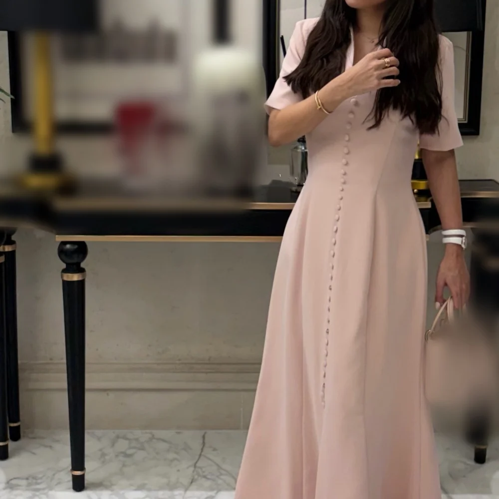 Customized High Quality V-neck A-line Midi Dresses Button Formal Evening Gowns for Banquet Elegant Party Wedding Classic Simple