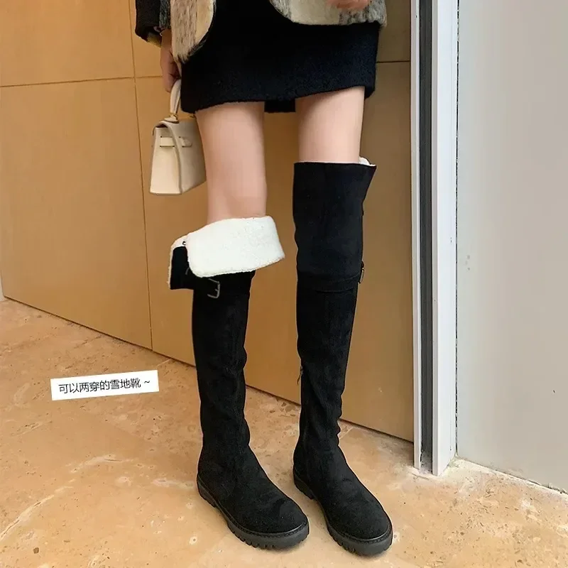 Lamb Hair Over The Knee Boots Women  Winter Plus Velvet Warm Snow Boots Tall Long Boots Khaki Cow Suede Flat Botas Shoe 2024