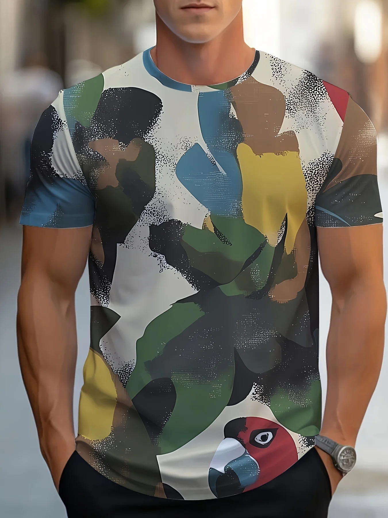 

Men's Vibrant Pink & Green Floral Digital Print T-Shirt - Casual Summer Short Sleeve Crewneck, Polyester。