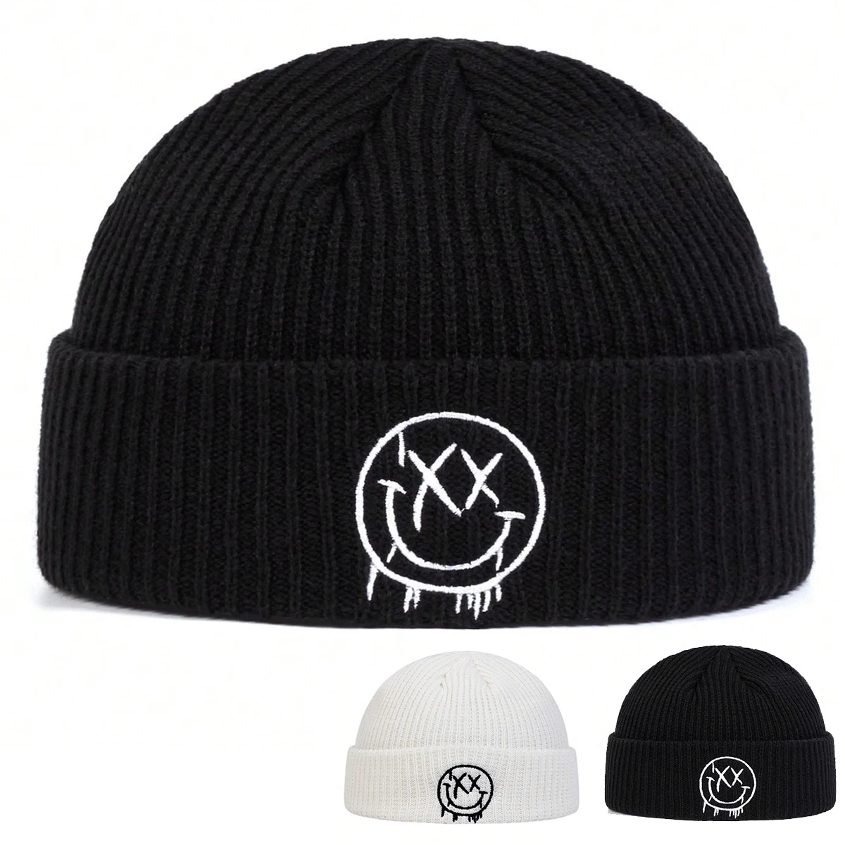 Unisex XX Smiling Face Embroidery Beanies Autumn Winter Warm Knitted Hats Hip Hop Cap Beanie Hat Caps For Women Men ﻿