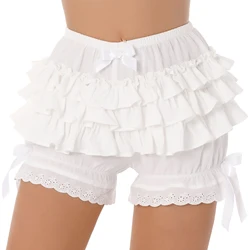 Women Lace Trim Layered Ruffle Bloomers Shorts Lolita Style Mid Waist Bow knot Decor Frilly Panties Solid Color Plaid Shorts