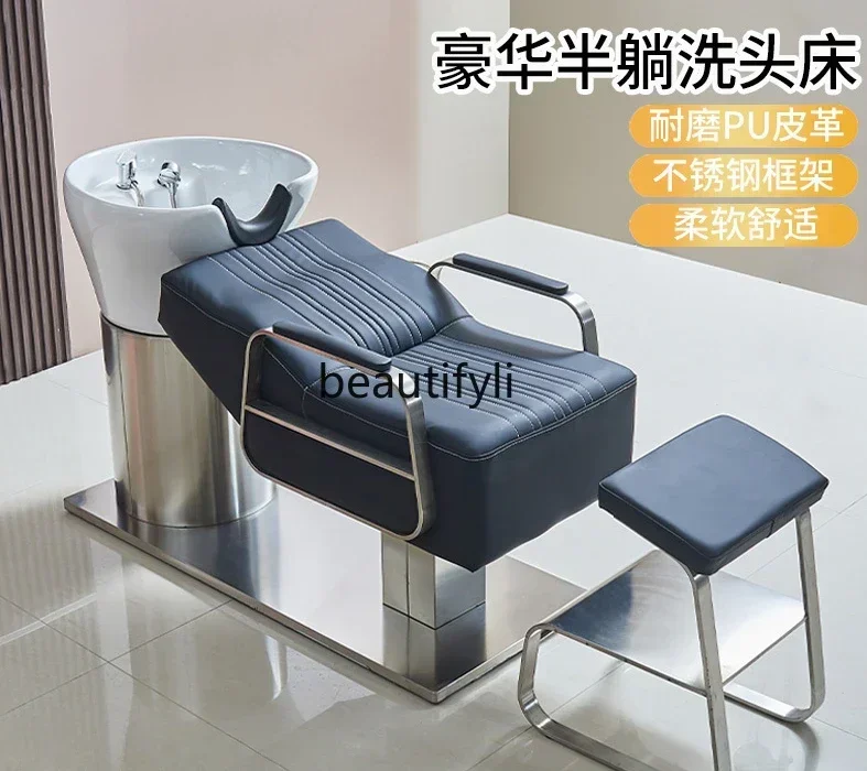 Ceramic Basin Shampoo Chair Barber Shop for Hair Salon Simple Lying Half Hair Salon Stainless Steel Flushing Bed Massage Couch