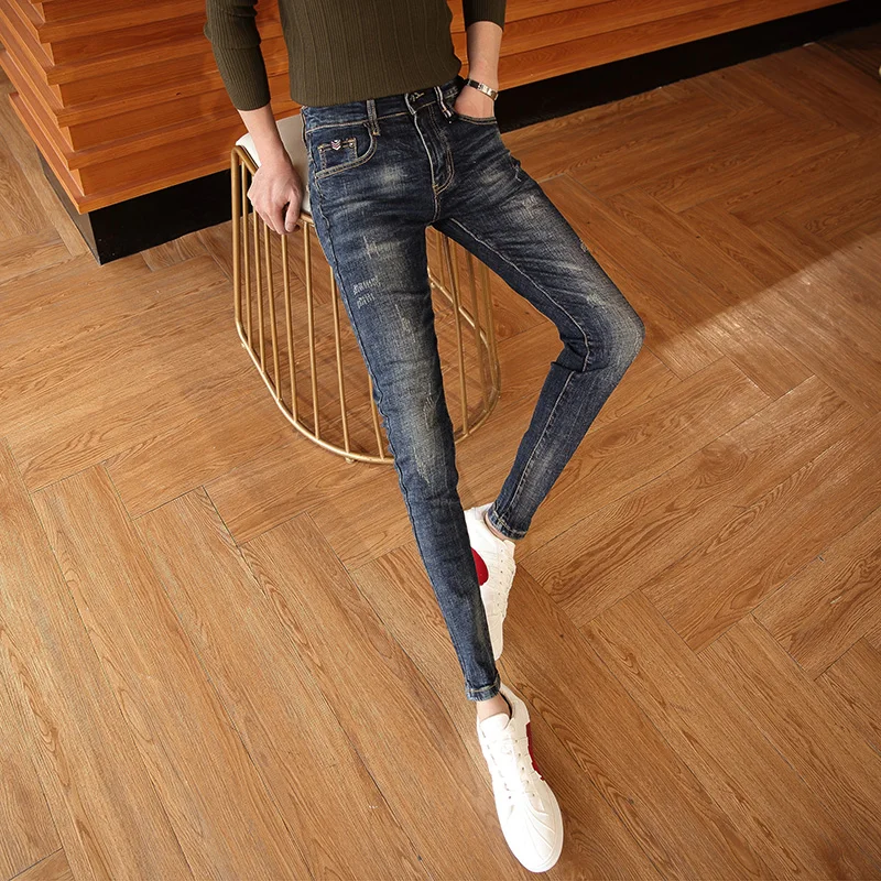 

Мужские повседневные джинсы Slim Fit, 26 дюймов, маленький размер, осенняя мода, брендовые длинные брюки, низкая талия, хлопковый деним, молодежный тренд
