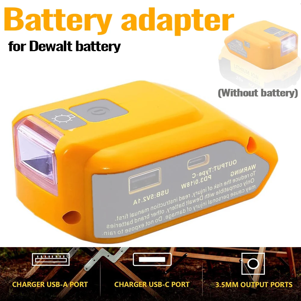 Adapter LED Light Working Lamp USB Power Bank DC 12V Output For Dewalt 14.4V 18V Li-ion Battery DCB140 DCB183 DCB203 Charger