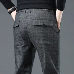 Elastic Plaid Casual Pants Men Cotton Comfortable Fashion Korean Business Trousers Classic Gray Black Suit Pants Male Clothing