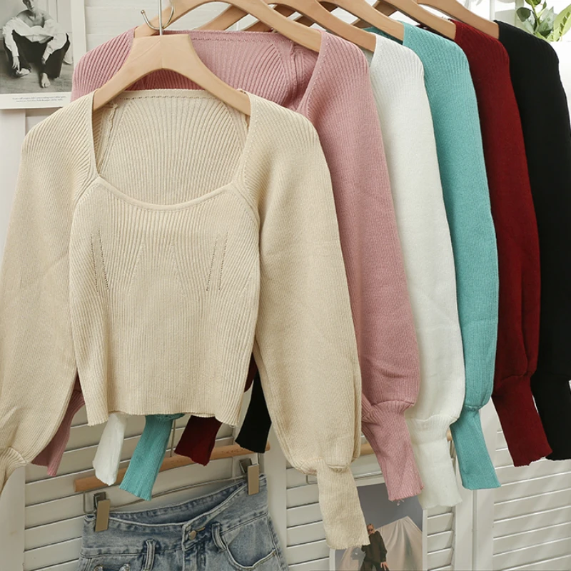 

2024 New Autumn Winter Women Square Collar Long Sleeve Knitting Pullover Solid Color Mulit Color Fashion Casual Sweater Top
