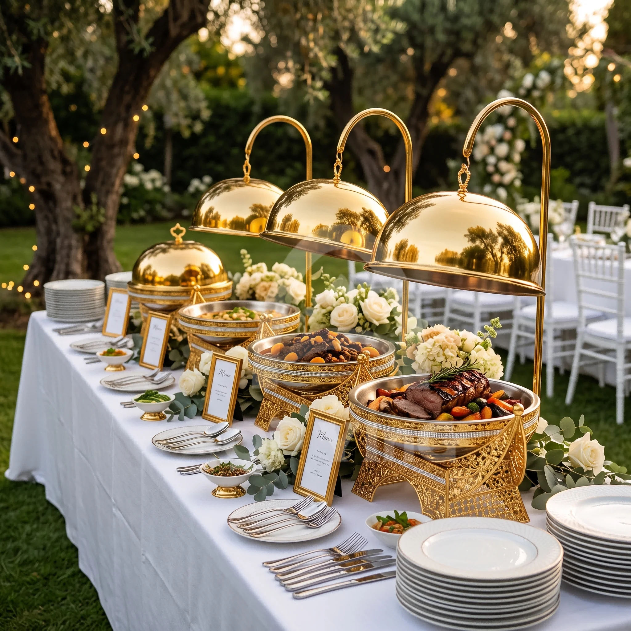 Luxury Royal Gold Insulated Pot 8L Stainless Steel Circular Buffet Insulator with Hanging Bracket, Suitable for Wedding, Hotel,
