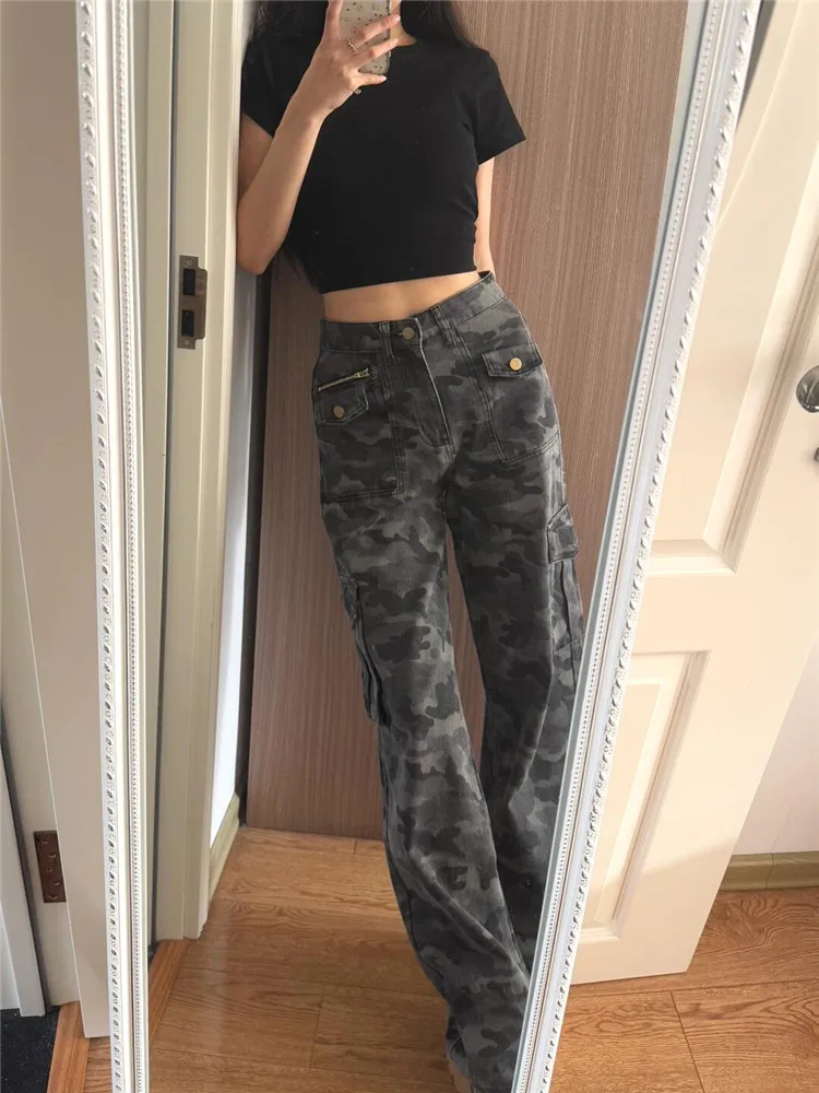 

American Vintage Camouflage Wide Leg Jeans Women's Loose Slimming Tall Extended Workwear Pants High Waist Casual Style