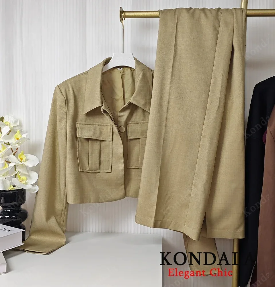 콘달라 가을 캐주얼 숏 블레이저 수트 여성 포켓 라펠 재킷 팬츠 포함 신상 2025 봄 여름 휴가 출퇴근 블레이저 수트