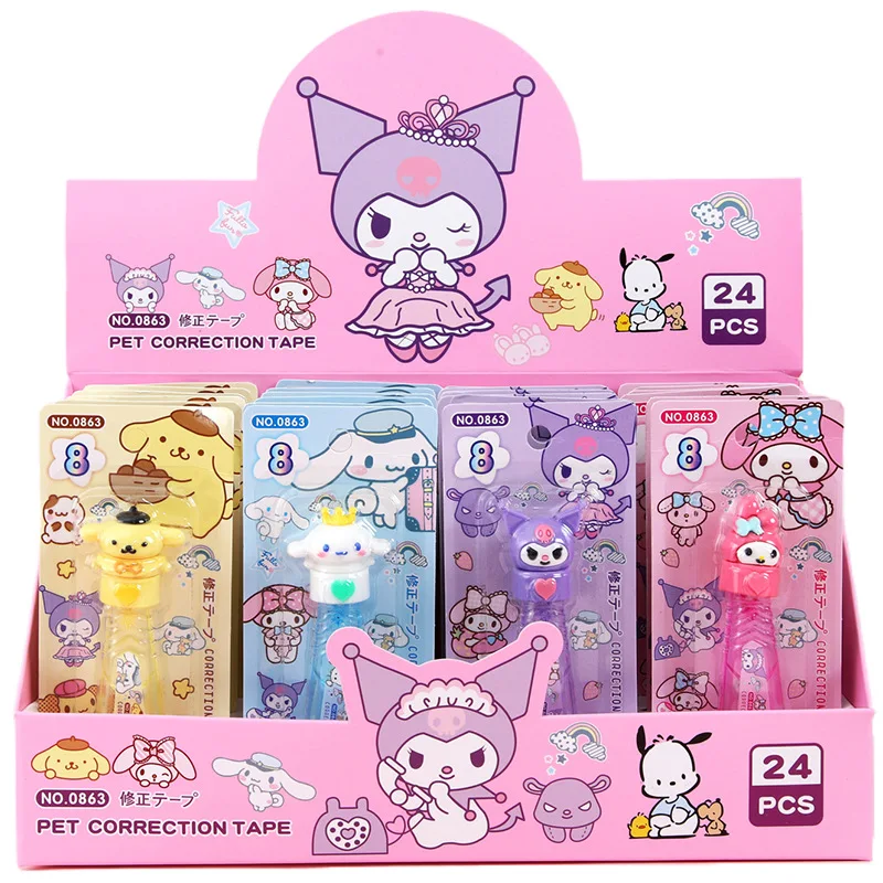 24 buah/lot 5mm x 8M Sanrio Kuromi Melody PomPomPurin Cinnamoroll pita koreksi promosi alat tulis hadiah perlengkapan kantor sekolah