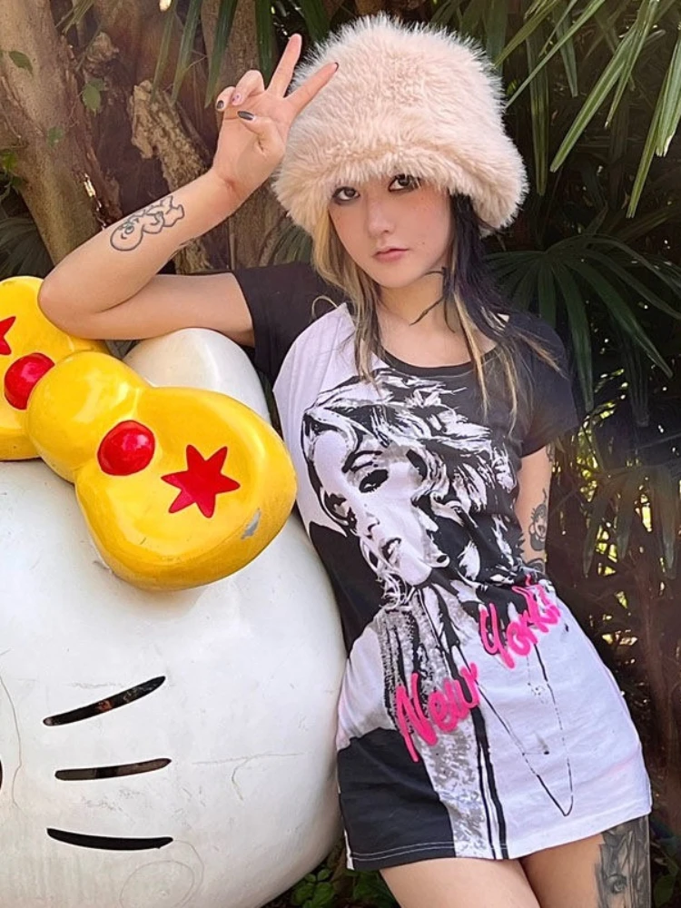 Gothic Sexy American Vintage Subkultur Kurzarm Kleid 2000er Jahre Print Bodycon Minikleid Sommer Y2k Einteiliges Kleid Koreanischer Chic