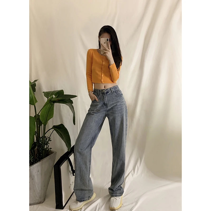 

Женские джинсы с высокой талией, свободного кроя, в стиле ретро, модные длинные брюки, прямые, в пол, универсальные, осенняя коллекция