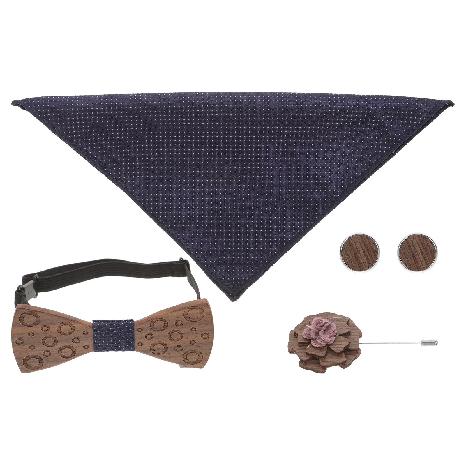 

1Set Wooden Bow Tie Set Costume Supplies Men Pocket Square Cufflinks Lapel Pin Formal Wedding Business Suit Accessories