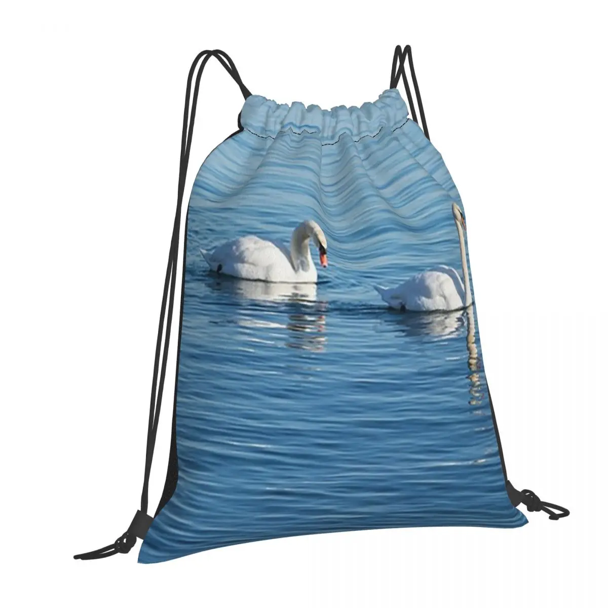 Swan Couple Gracefully Gliding On Calm Blue Water Backpacks Casual Drawstring Bags Storage Bag Book Bags for Travel School