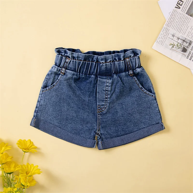 Setelan baju Denim anak perempuan, setelan baju anak perempuan, celana Denim pendek, kamisol kerut, Crop polos, Tie-Up, 2 potong