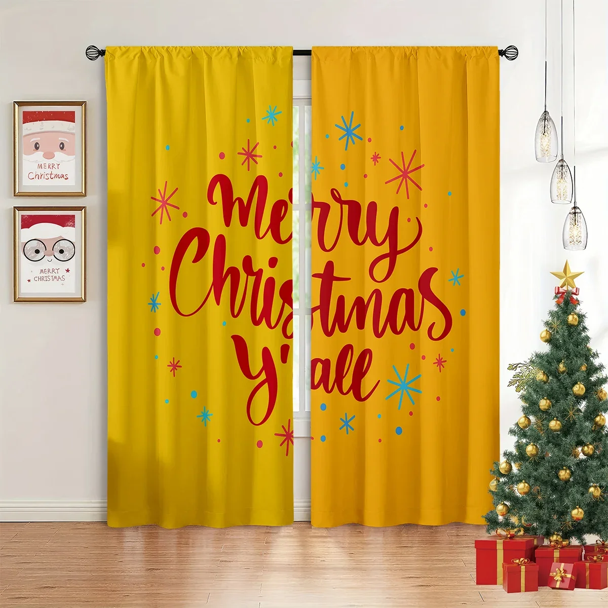 Merry Christmas Yall Yellow Festive Holiday Curtain Panels for Living Room Home Decor Seasonal Accent Window Treatment