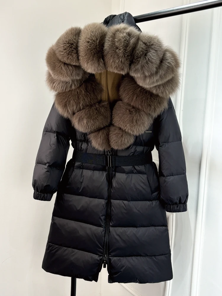 Lagabogy 2025 Winter Puffer Jacket Women Real Fox Fur Hooded Collar Thick Warm Long White Duck Down Coat Loose Luxury Outerwear