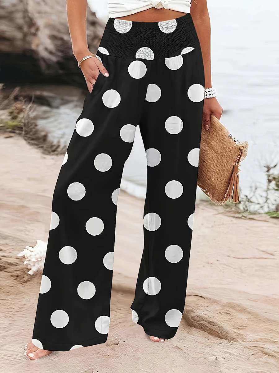 High Waist Women Polka Dot Print Wide Leg Pants Loose Elastic Waist Palazzo Trousers Chic Summer Beach Boho Casual Long Pants