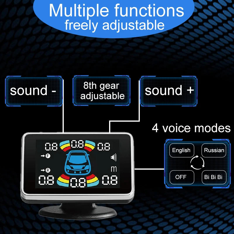 Picture 4: LED parking sensor kit, 6/8 sensors, 22mm reversing radar, multi language audio prompt alarm indicator system, 12 colors
