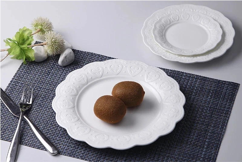 3pcs Set, 6+8+10inch, White Embossed Porcelain Kitchen Plates, Crown Design, Ceramic Plate Nordic, Serving Dinner Set