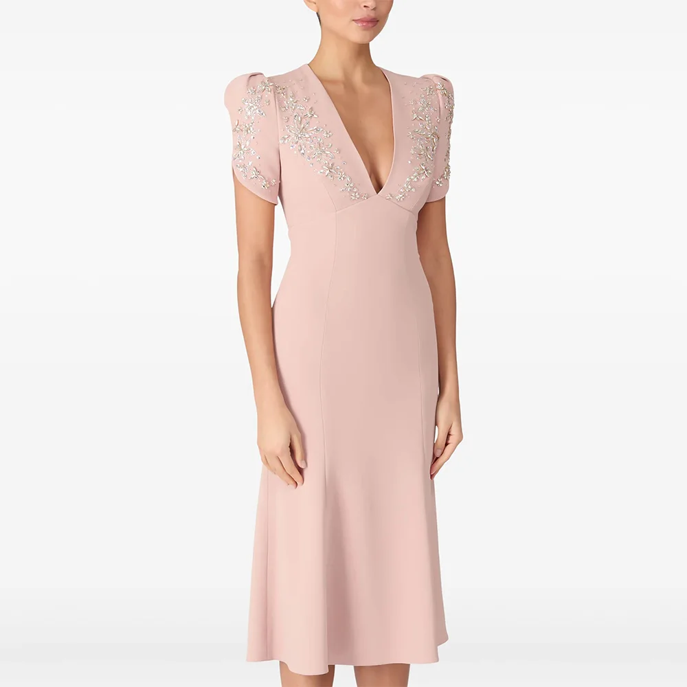 

Midi Cocktail Dress Mermaid Crystal V Neck Short Sleeves Trumpet Cocktail Gowns Tea Length Luxurious Formal Party Dresses 2026
