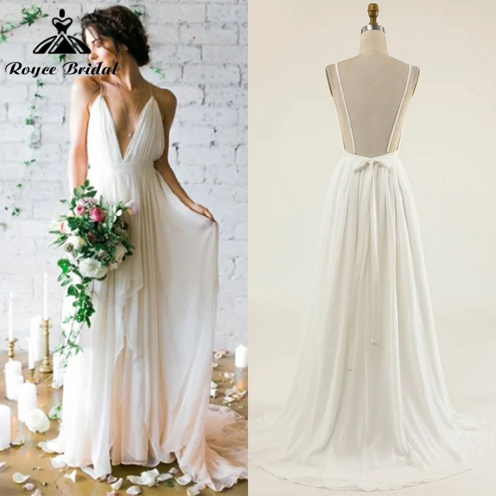 Simple V Neck Spaghetti Straps Open Back Bow Chiffon A Line Wedding Dress For Women Sexy Bridal Gowns Sweep Vestidos Customized