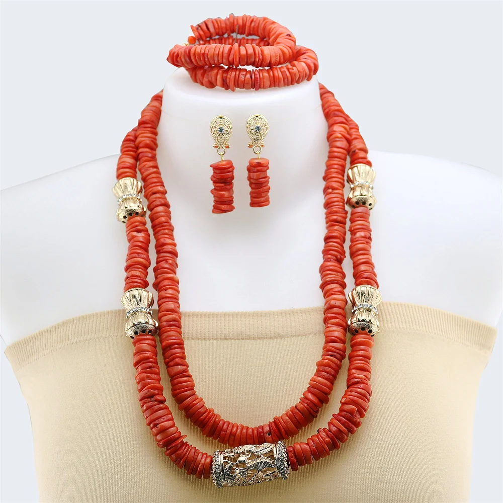 

Natural Coral Beads Bridal Jewelry Sets For Nigerian Party African Real Coral Jewelry set Necklace Bracelet Earrings Jewelry