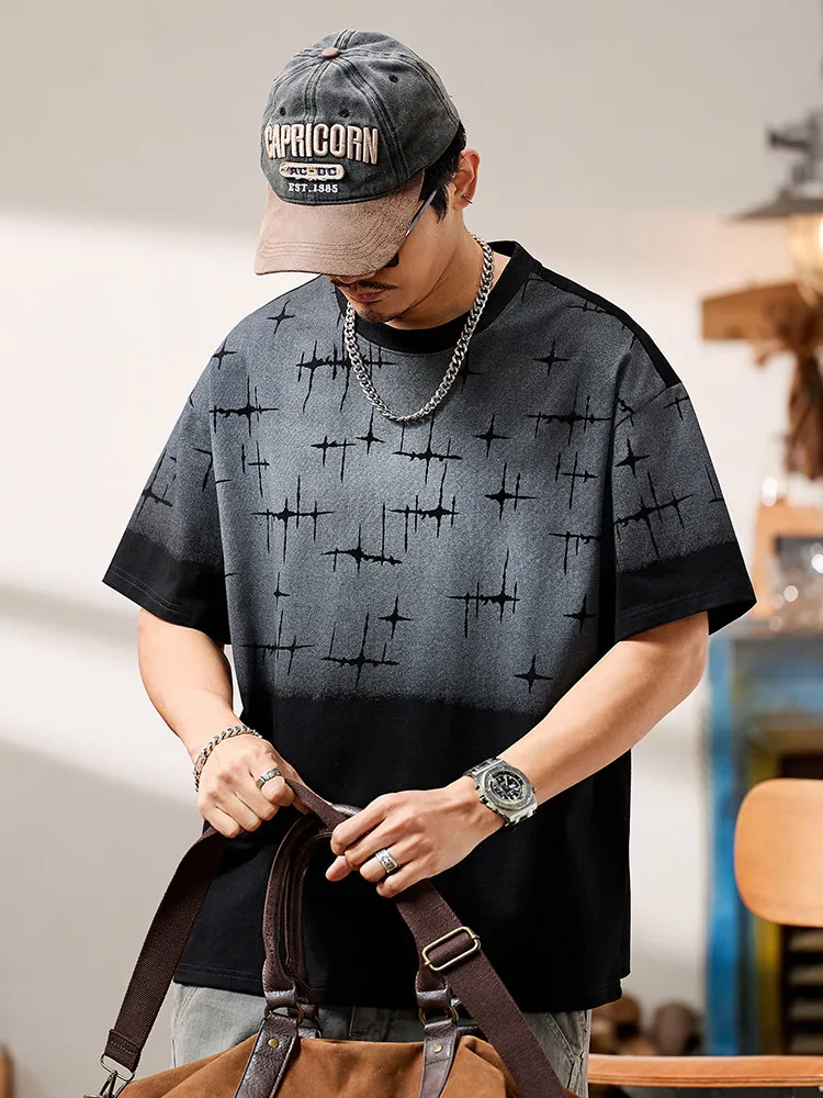 Summer Retro Dip Dye Star & Irregular Line Graphic T Shirts Men Black Color Block Round Neck Loose Streetwear Short Sleeve Tops