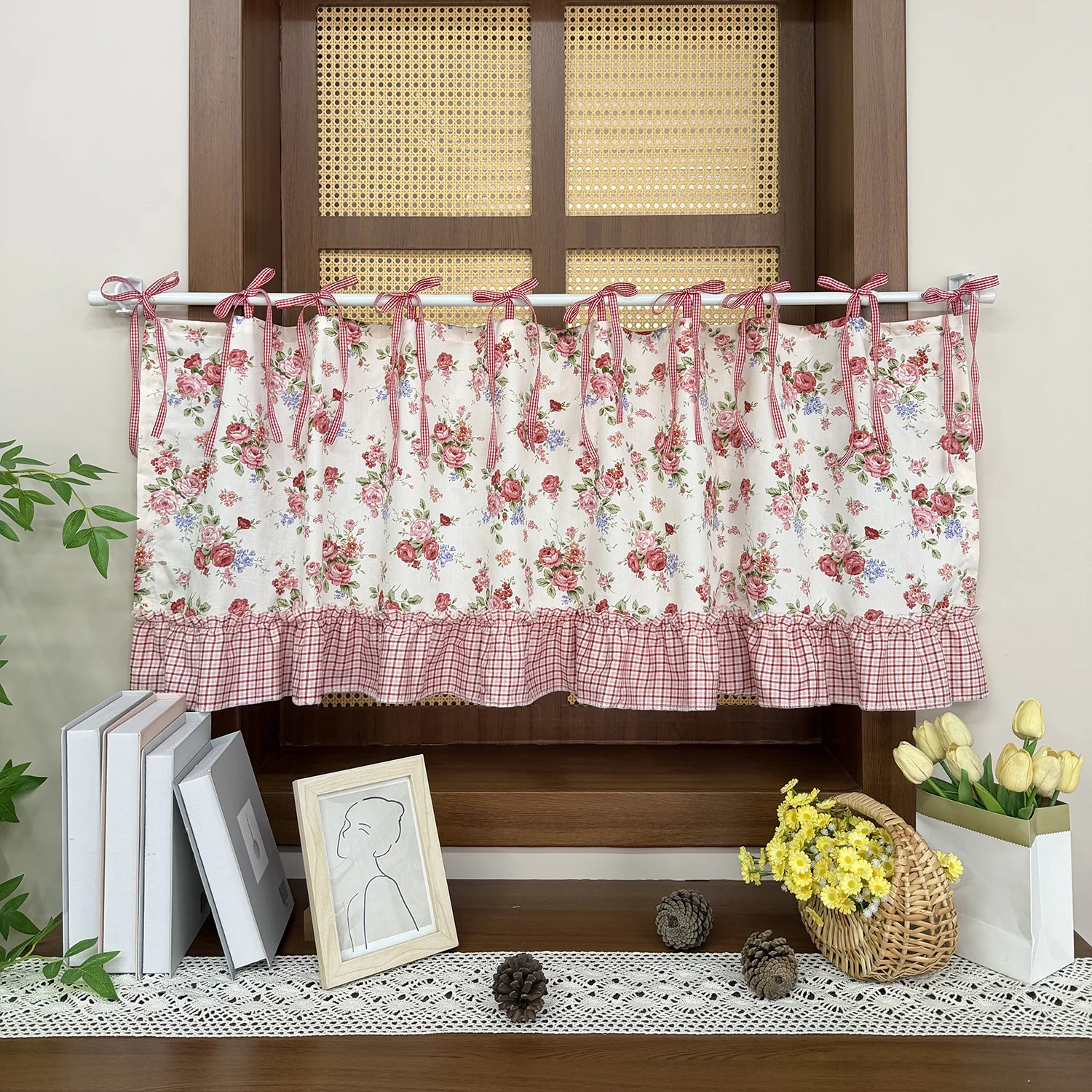 Korean-Style Floral Print Small Window Curtains for Kitchen,Cute Pink Skirt Window Valance,Half Curtains for Cabinets,doors, RV