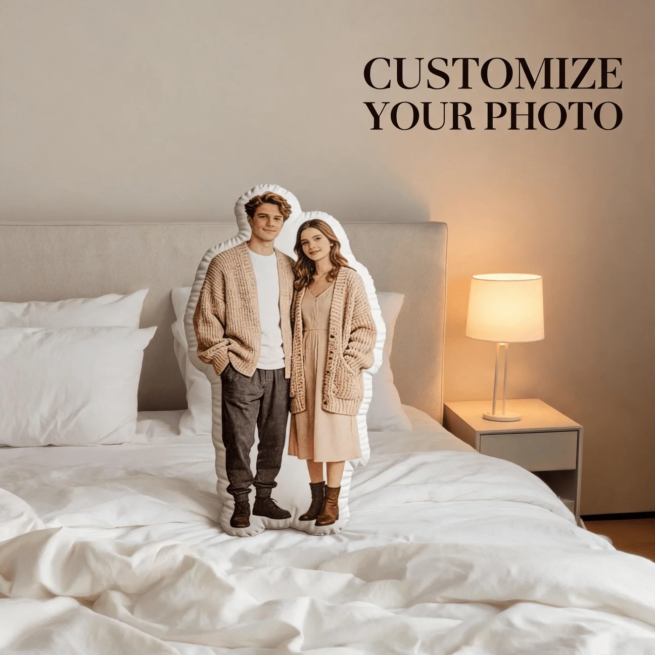 Custom Couple Photo Shaped Pillow, Personalized Picture Decorative Cushion with Beige Cardigan Style, 70CM Home Decor Accent for