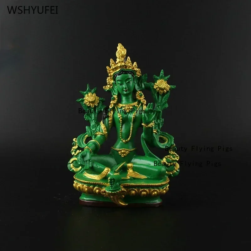 1 pc Resin painted green Tara Bodhisattva Buddha Statue Sculpture Crafts Feng Shui Accessories sacrifice pray for auspiciousness