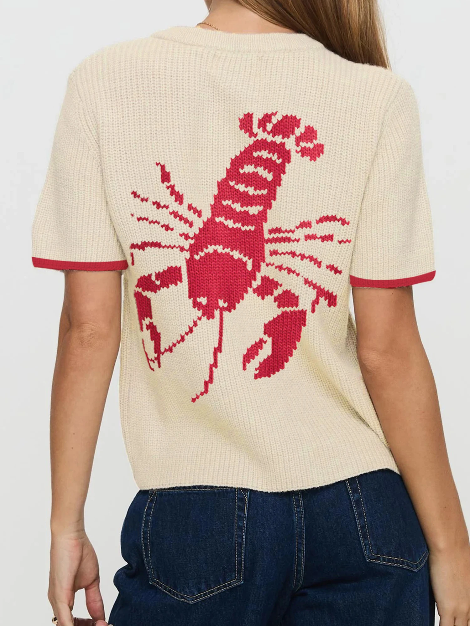 

Women s Lobster Print Cardigan with Crew Neck and Short Sleeves Button-up Knit Top for Summer Street Style Fashion