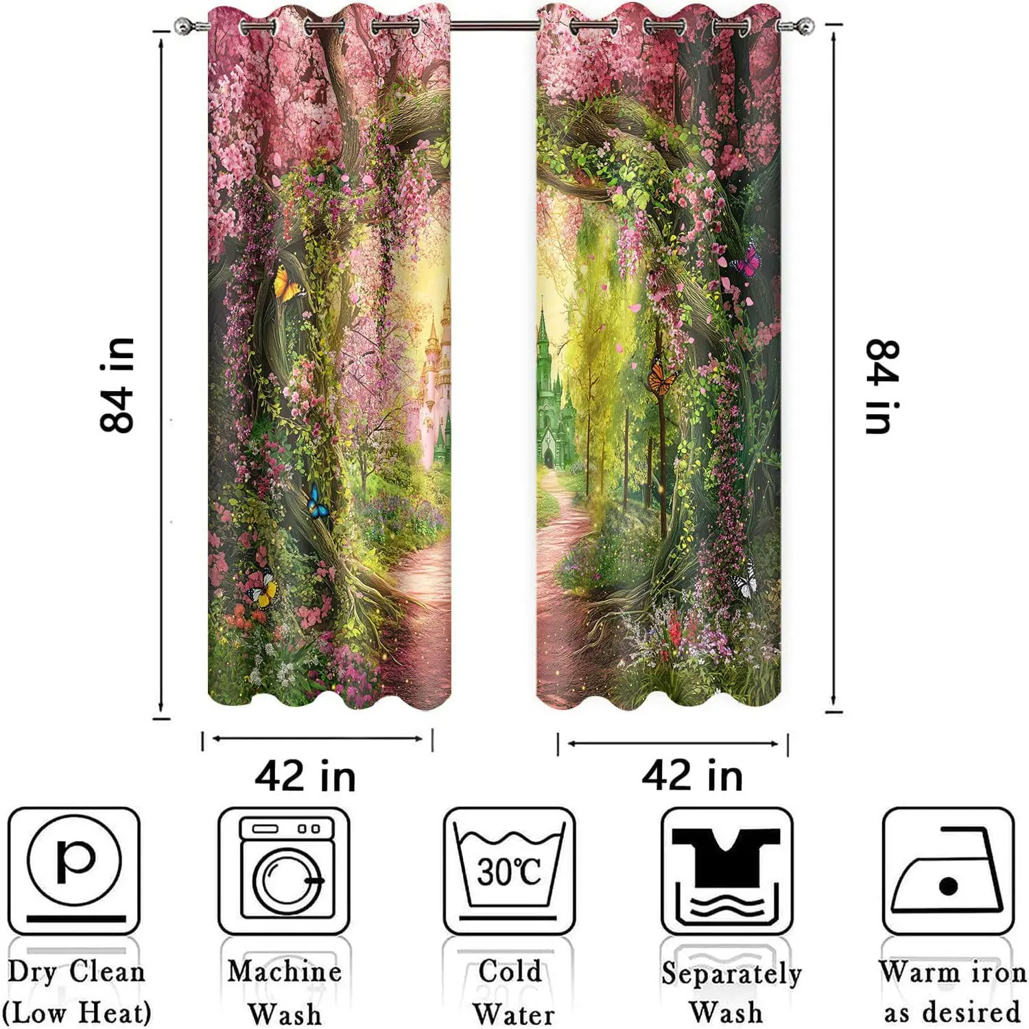 Luxurious Enchanted Forest Floral Curtains Polyester Cottagecore Fairy Garden Window Drapes Pink Floral Pathway Curtain Panels H