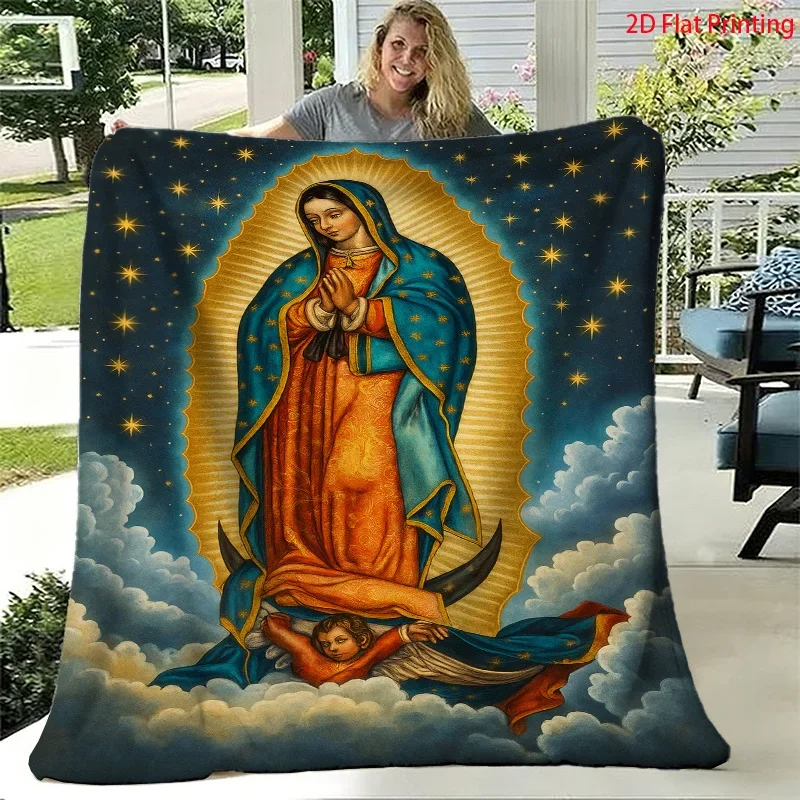 Our Lady of Guadalupe Flannel Throw Blanket, Virgin Mary Star Cloud Print Soft Blanket for Bedroom Sofa Cozy Home Decor Gift