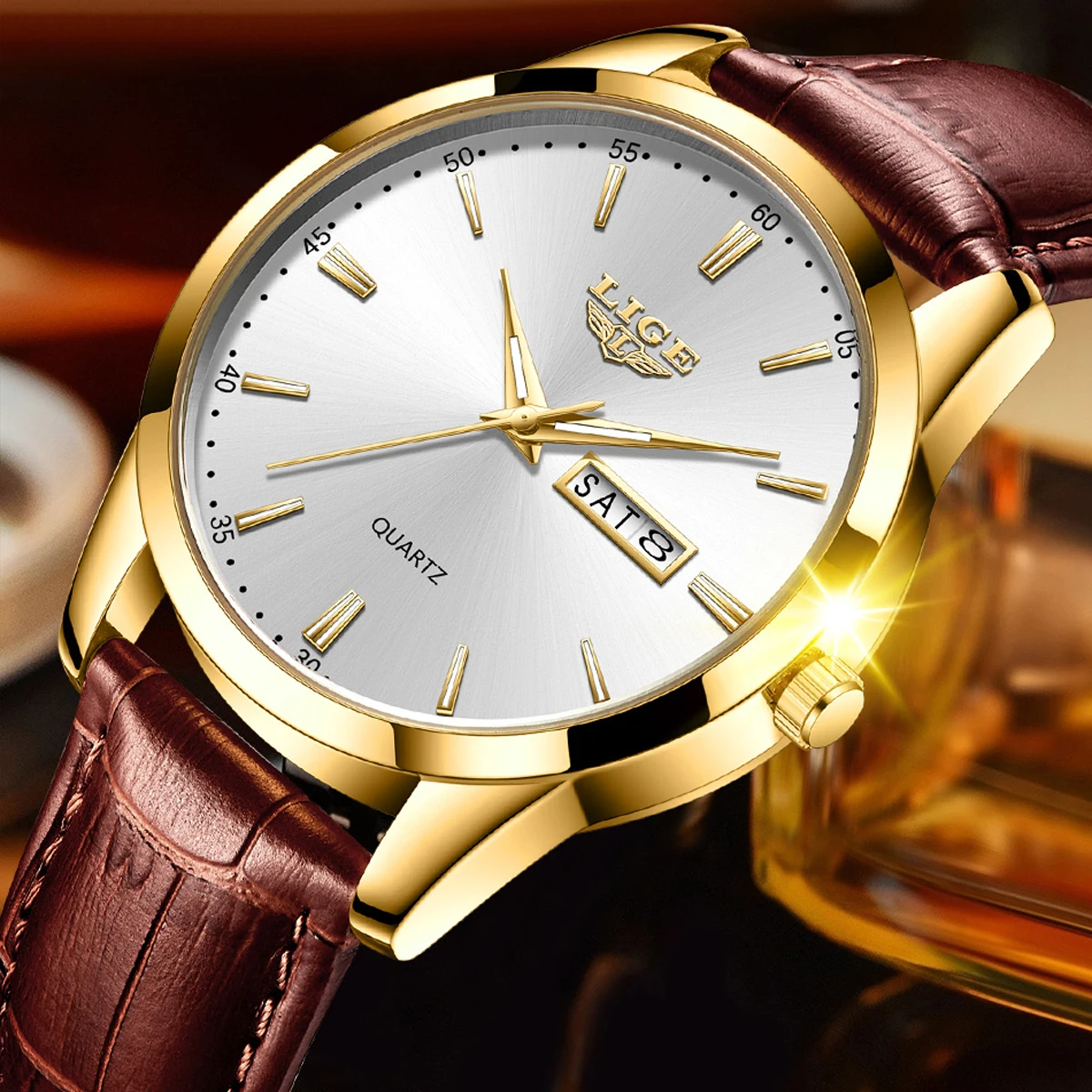 

Мужские кварцевые часы LIGE 2025: Новинка, люкс, повседневные, деловые, водонепроницаемые, светящиеся, для дайвинга, с кожаным ремешком, Reloj Hombre