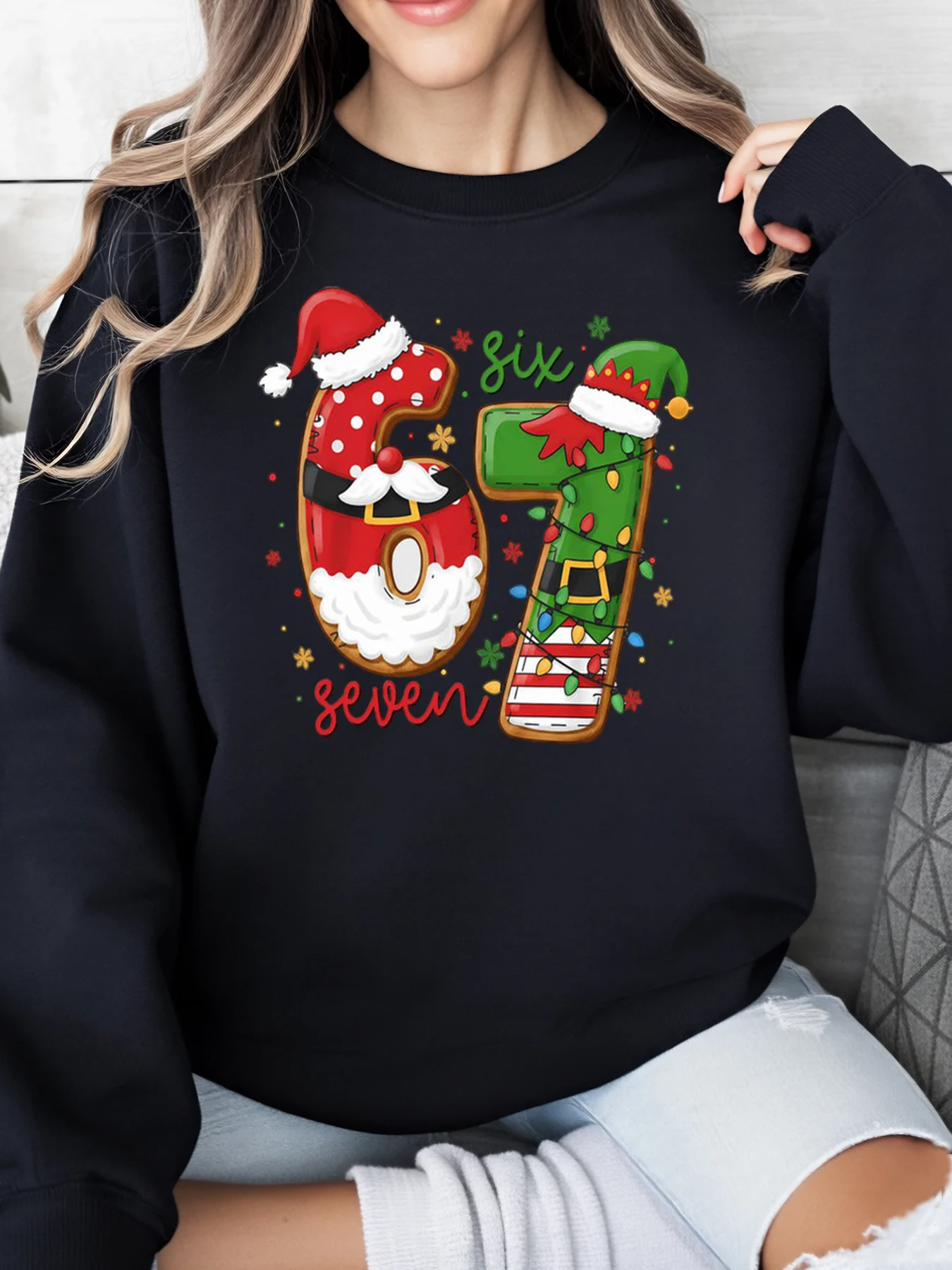 

Толстовка с рождественским принтом Санта-Клауса и эльфа номер 67, женская повседневная праздничная одежда, черная, больших размеров