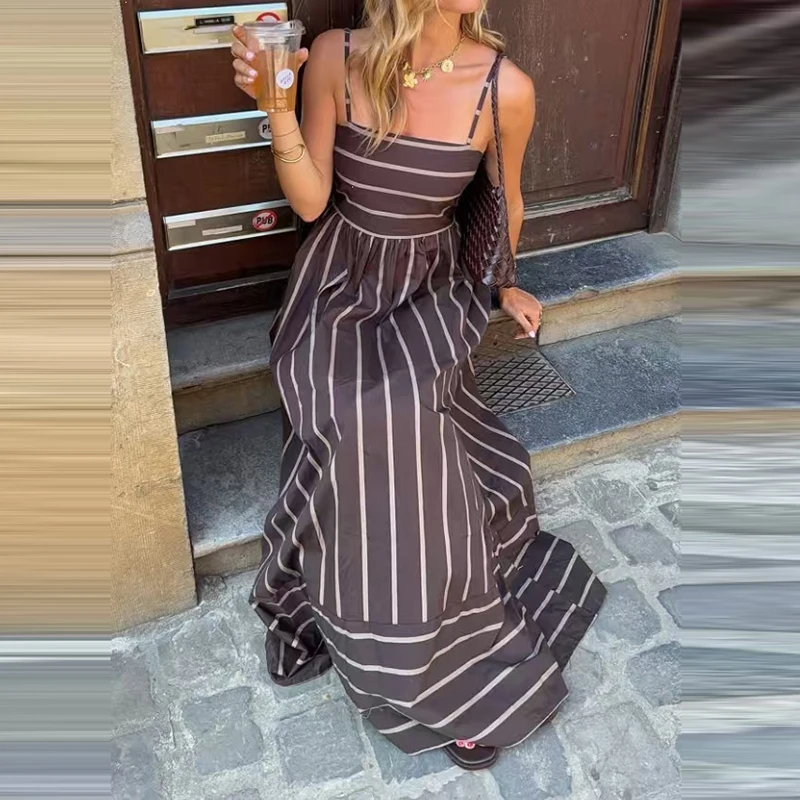 Vestido Boho de Verano con Estampado de Rayas y Corte en A, Vestido Largo sin Mangas con Tirantes Finos, Vestido de Fiesta Sexy con Cuello Redondo y Cintura Alta para Mujer
