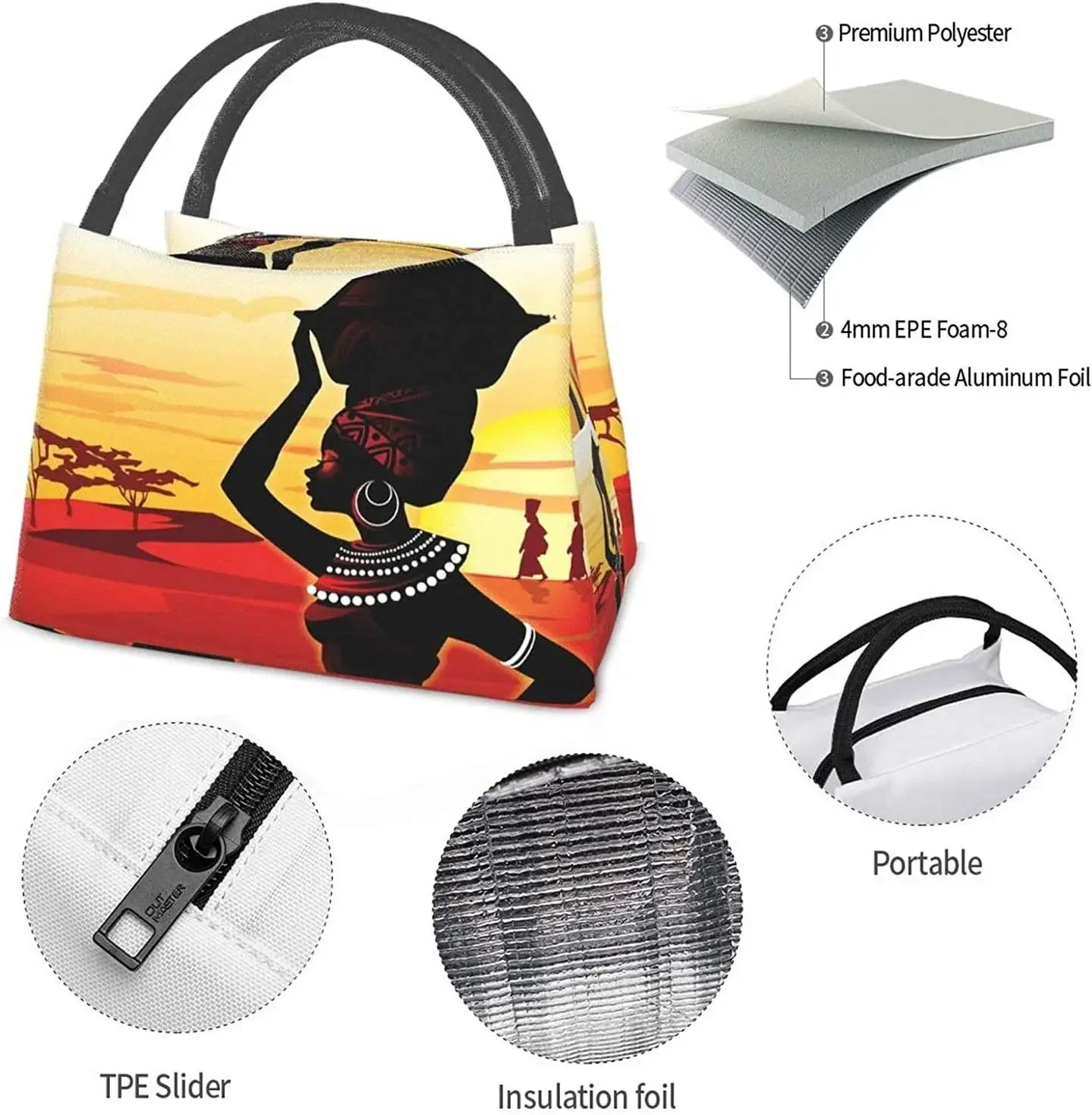 Portable Insulated Lunch Bag African Women Desert Painting Waterproof Tote Bento Bag for Office School Hiking Beach Picnic