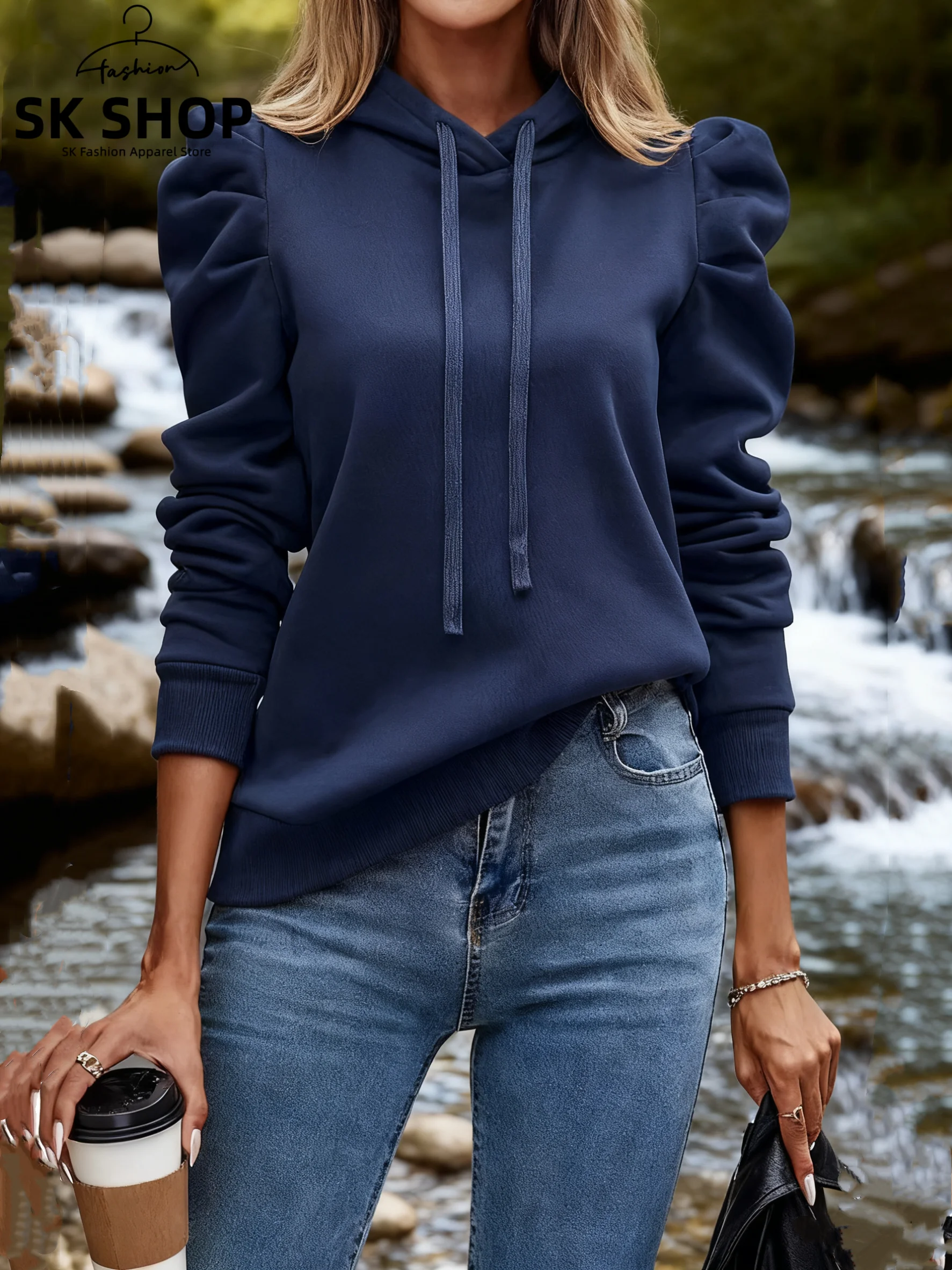 Damska modna bluza z kapturem, długi rękaw, kołnierzyk, kolorowa, codzienna, wygodna odzież uliczna na jesień i zimę.