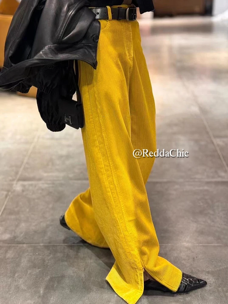 REDDACHiC Retro Yellow Striped Casual Pants Women Corduroy Wide Leg Zipper Split Plain High Waist Long Trousers Vintage Clothes