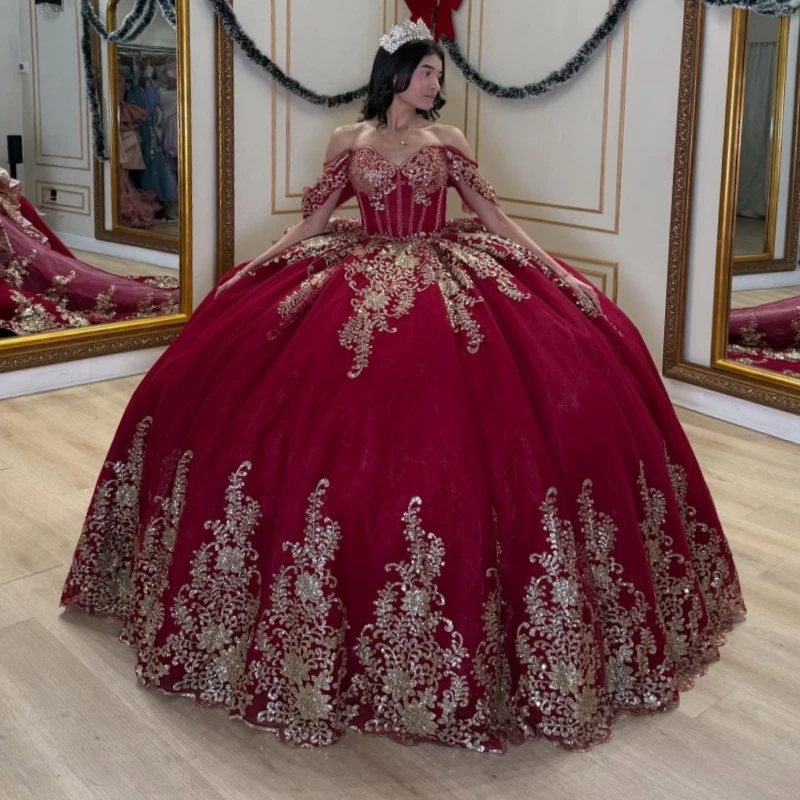 

Red Shiny Quinceanera Dresses Off The Shoulder Gold Applique Lace Beading Tull Corset Party Birthday Sweet 16 Dress Vestidos 15