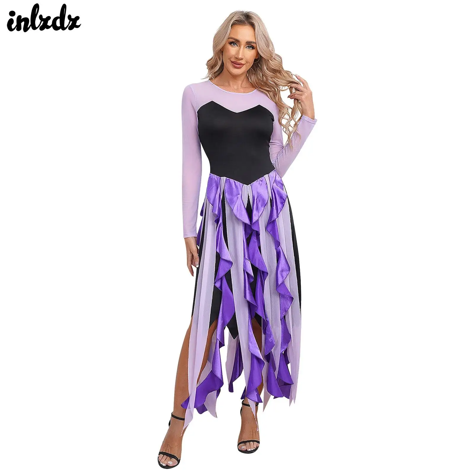 Womens Witch Mermaid Sea Cosplay Outfits Octopus Witch Halloween Costumes Twisted Cascading Ruffle Long Sleeve A-Line Dress